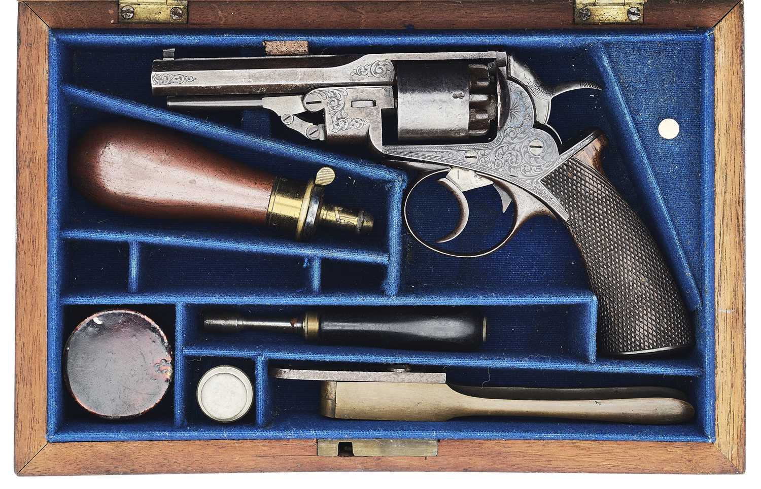 Lot 428 - A RARE CASED PRYCE & CASHMORE (DAW) PATENT PERCUSSION DOUBLE-ACTION SIX-SHOT REVOLVER