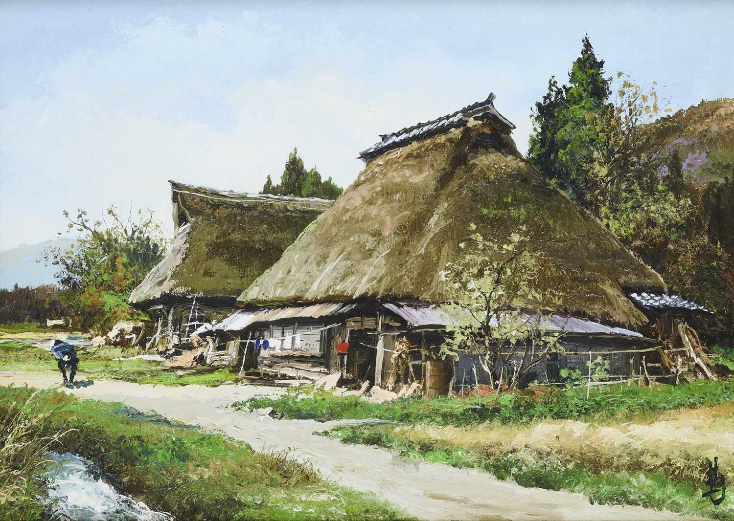Lot 70 - KIICHIRO HAYASHI (JAPANESE, 1919-1999), OIL ON PAPER, 'FARMHOUSE'