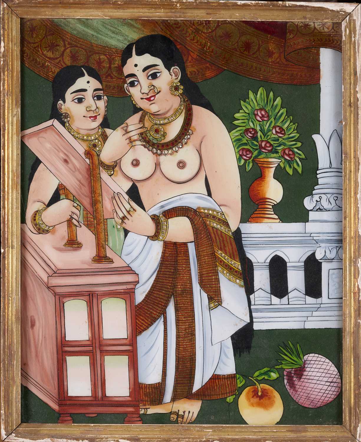 Lot 84 - A REVERSE GLASS PAINTING OF A MAIDEN WITH HER COMPANION, TANJORE (THANJAVUR), CIRCA 1900