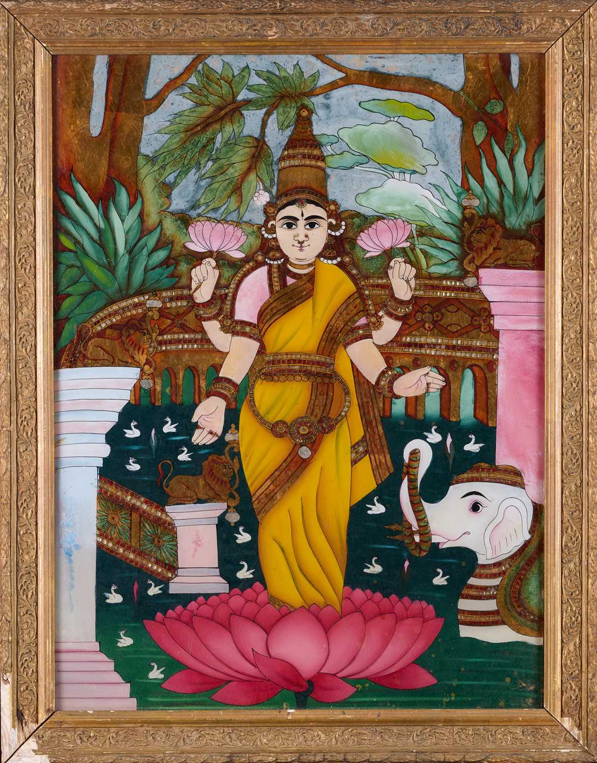 Lot 87 - A REVERSE GLASS PAINTING OF LAKSHMI, TANJORE (THANJAVUR), CIRCA 1900