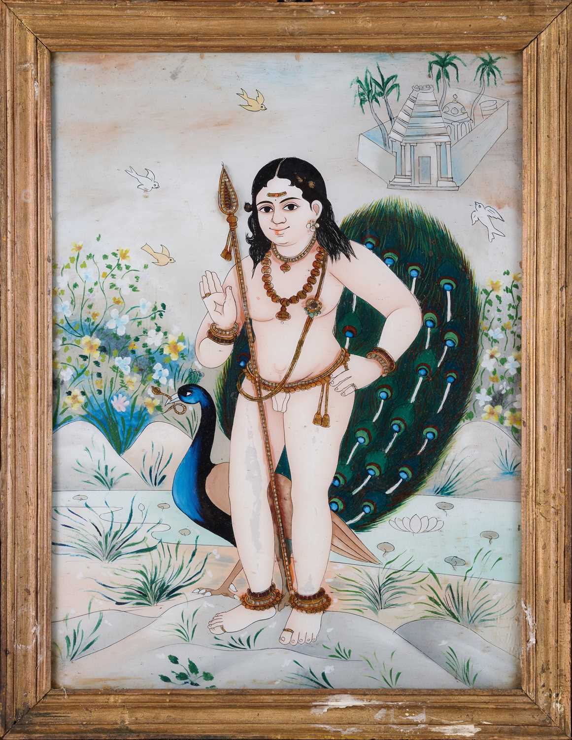 Lot 88 - A REVERSE GLASS PAINTING DEPICTING MURUGAN, TANJORE (THANJAVUR), SOUTH INDIA, CIRCA 1900