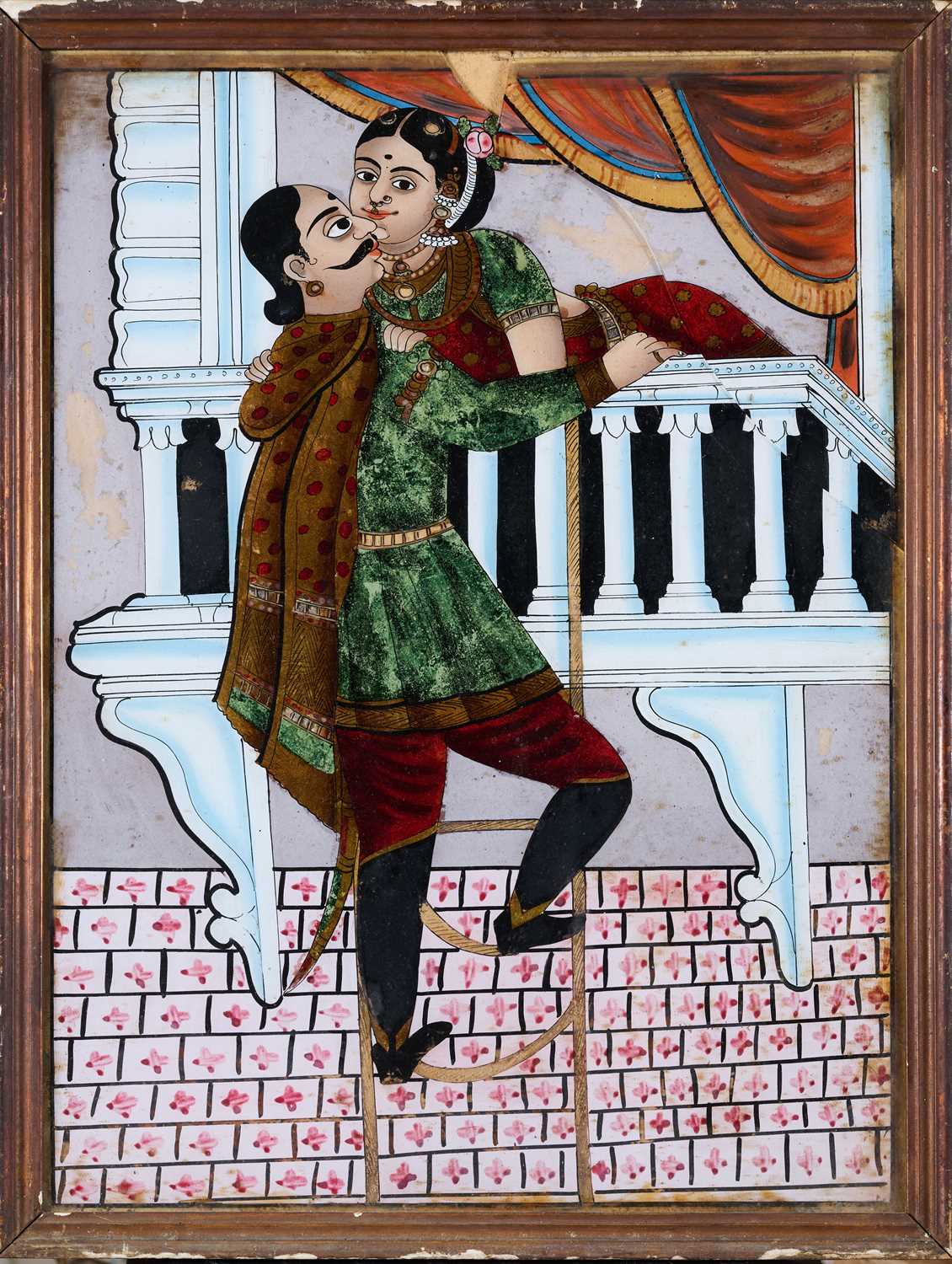 Lot 519 - A REVERSE GLASS PAINTING DEPICTING A PAIR OF LOVERS, TANJORE, SOUTH INDIA, CIRCA 1900
