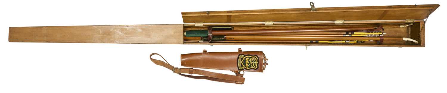 Lot 36 - A CASED SET OF THREE LONGBOWS, SIX ARROWS, AND A LEATHER QUIVER, EARLY 20TH CENTURY