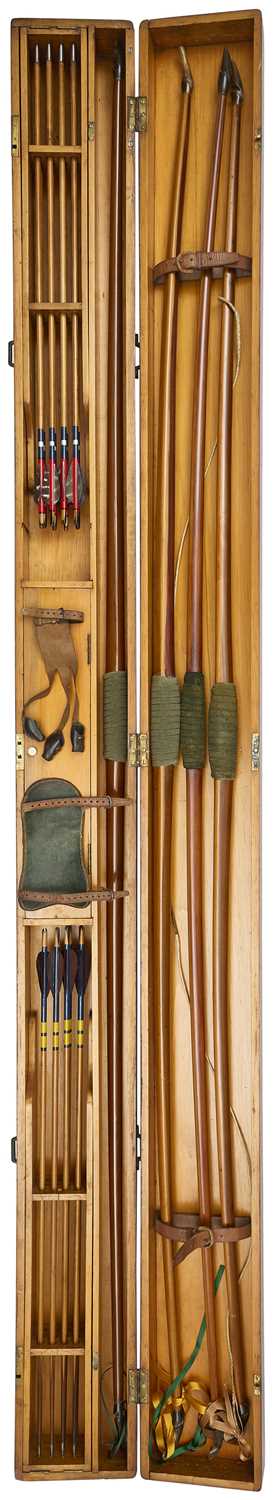 Lot 74 - A CASED SET OF FOUR ALDRED LONGBOWS AND TWO SETS OF ARROWS, LATE 19TH/EARLY 20TH CENTURY