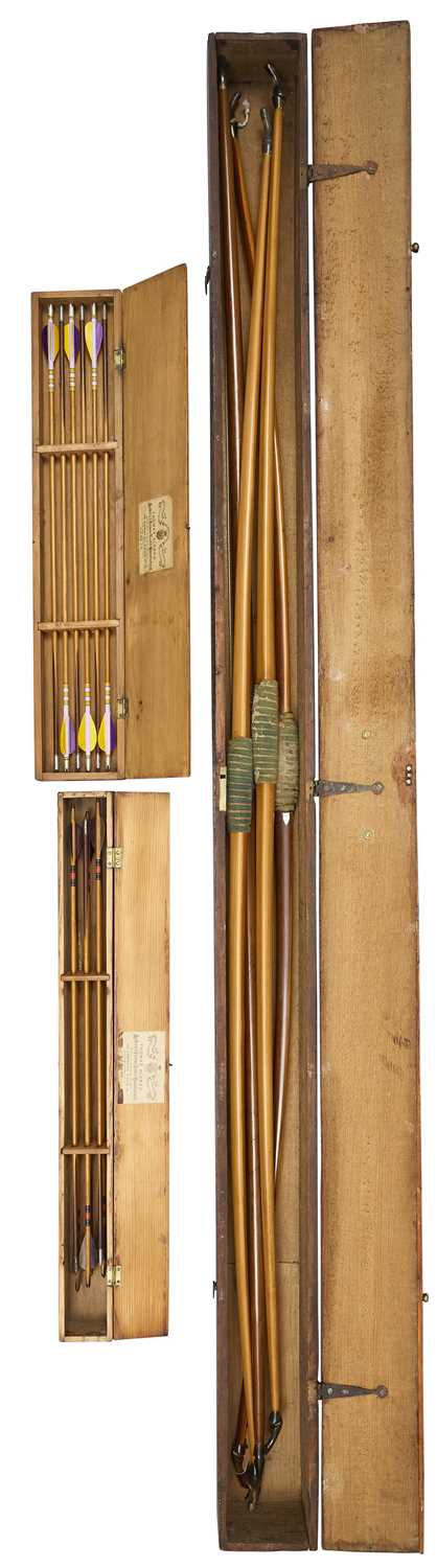 Lot 78 - FOUR CASED ALDRED LONGBOWS AND TWO CASED SETS OF ARROWS, EARLY 20TH CENTURY