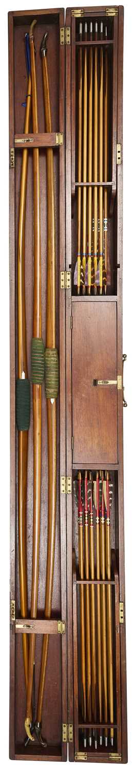 Lot 76 - A CASED SET OF THREE ALDRED LONGBOWS WITH TWO SETS OF ARROWS, LATE 19TH/EARLY 20TH CENTURY