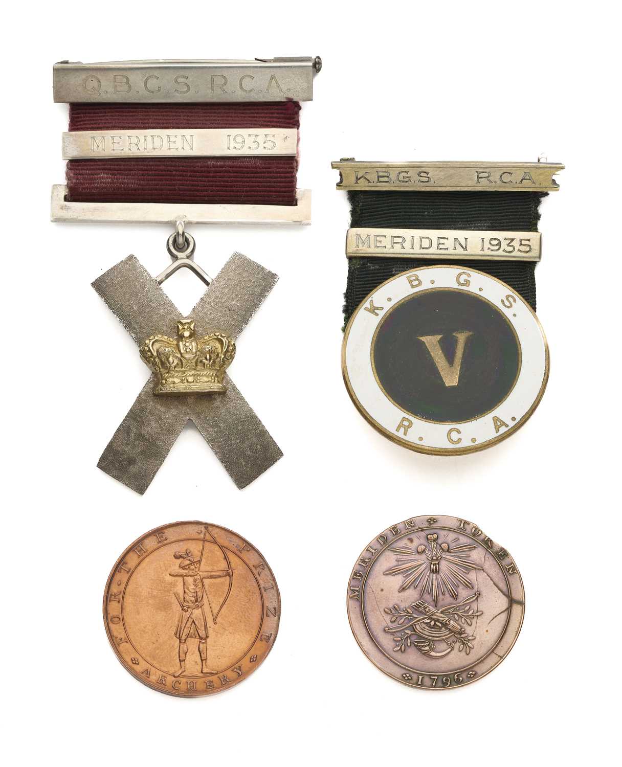 Lot 10 - TWO MERIDEN TOKENS, 1796, AND TWO MERIDEN MEDALS, ROYAL COMPANY OF ARCHERS, 1935