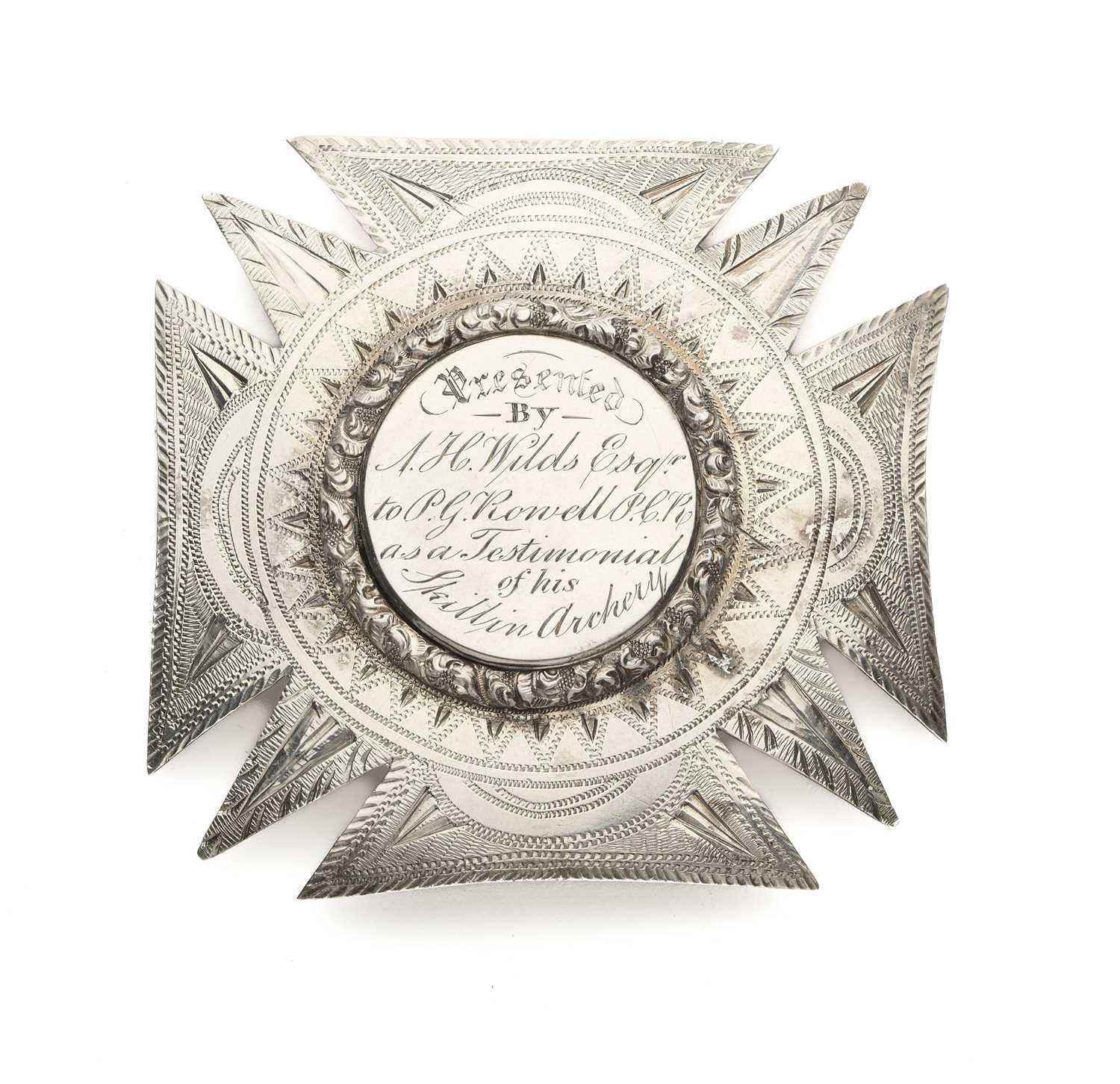 Lot 47 - A MEDAL PRESENTED BY THE ARCHITECT A.H.WILDS TO P.G. ROWELL FOR 'SKILL IN ARCHERY', 19TH CENTURY