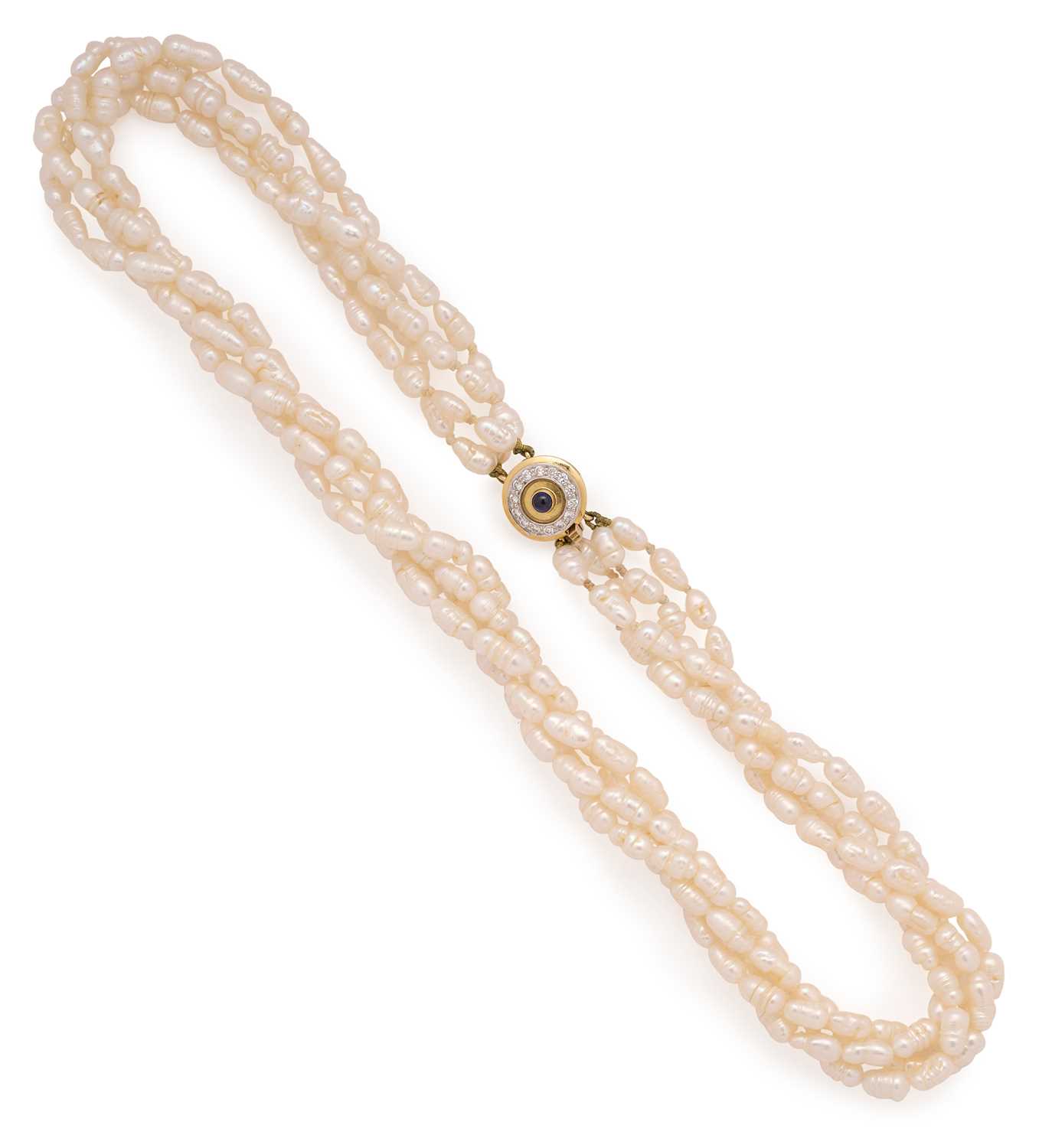 Lot 384 - FRESHWATER CULTURED PEARL, SAPPHIRE AND DIAMOND NECKLACE