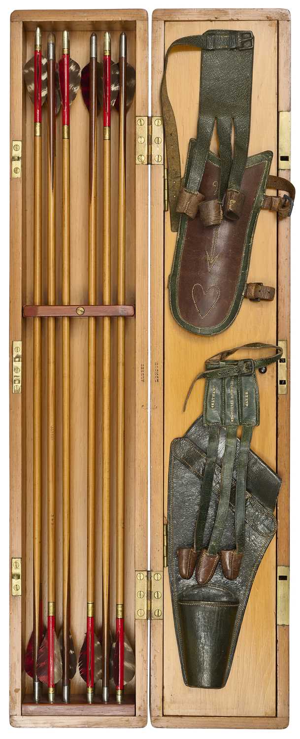 Lot 91 - A FINE ALDRED CASED ARROW SET WITH LADIES ARCHERY TACKLE AND SCORECARDS, CIRCA 1850