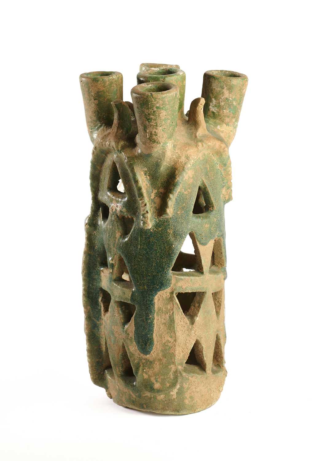 Lot 78 - A GREEN GLAZED POTTERY LAMP, PARTHIAN OR LATER