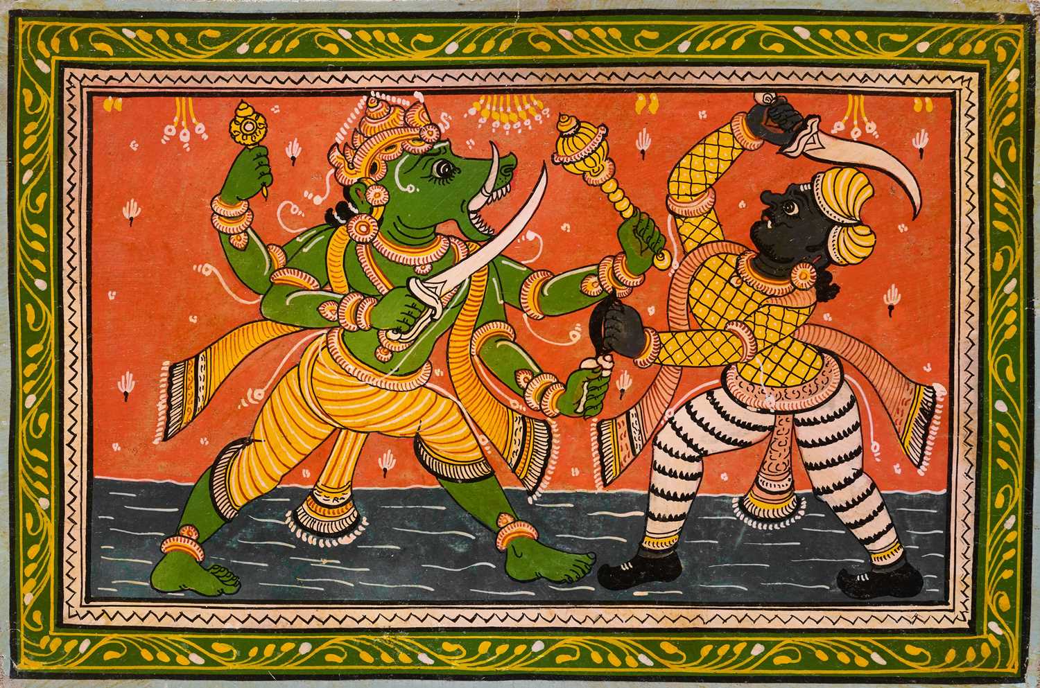 Lot 27 - A DEPICTION OF NARASIMHA FIGHTING THE DEMON KING, ODISHA, INDIA, EARLY 20TH CENTURY