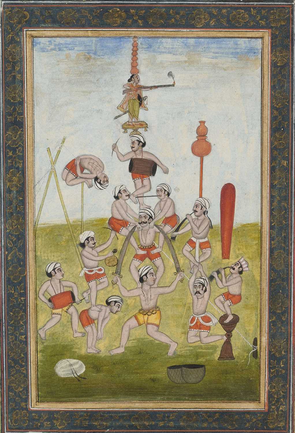 Lot 40 - A MINIATURE PAINTING OF A LARGE TROUPE OF ACROBATS, NORTH INDIA, 19TH CENTURY