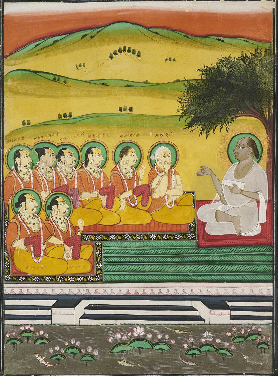 Lot 29 - EIGHT NOBLEMEN RECEIVING INSTRUCTION FROM VALLABHACHARYA, NATHDWARA, INDIA, 19TH CENTURY
