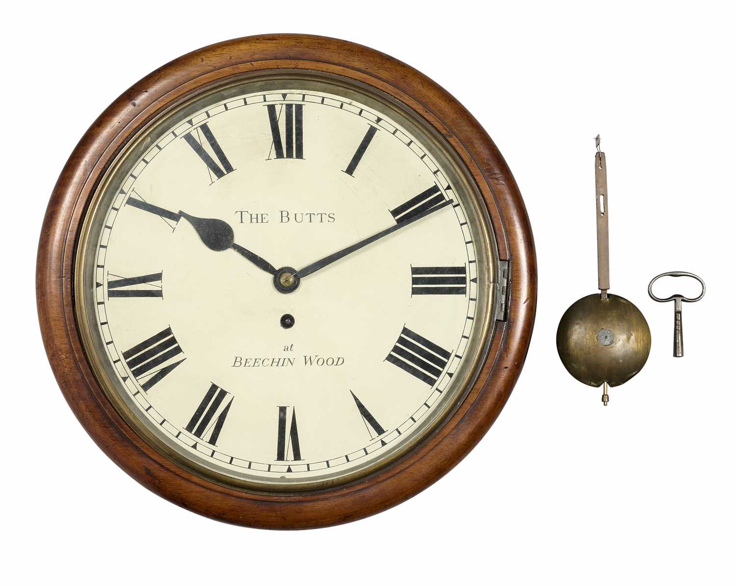 Lot 70 - A WALL CLOCK MARKED LATER 'THE BUTTS AT BEECHIN WOOD'