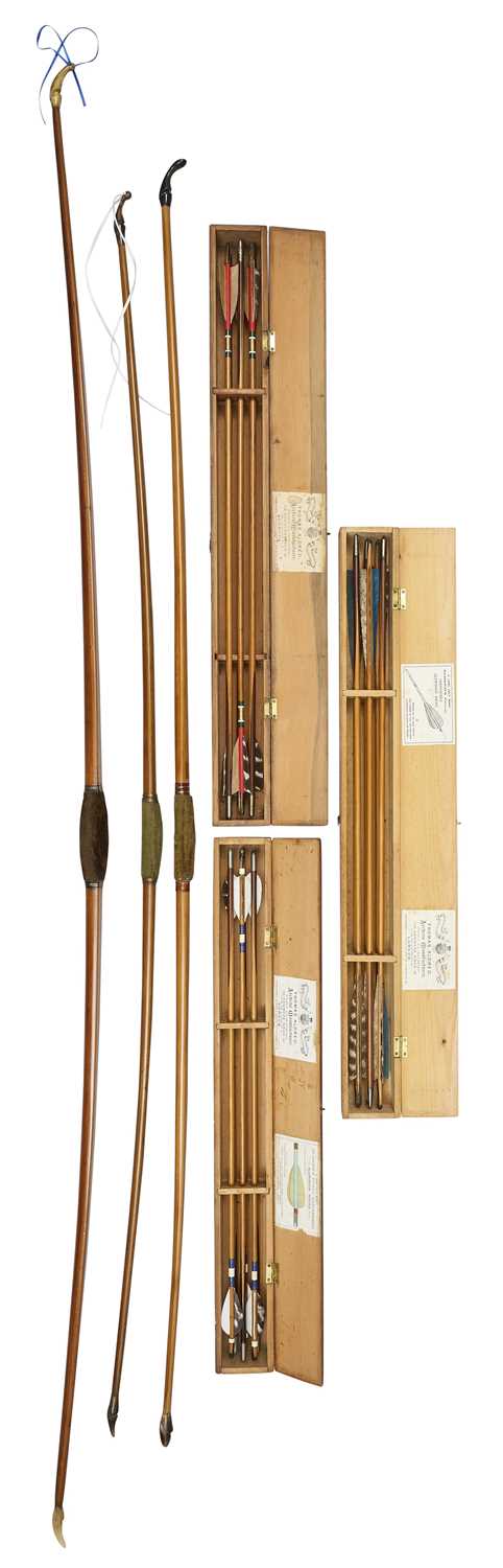 Lot 84 - THREE BOWS BY D.D.NEWBOLD, AND THREE BOXES OF ALDRED ARROWS, LATE 19TH/EARLY 20TH CENTURY