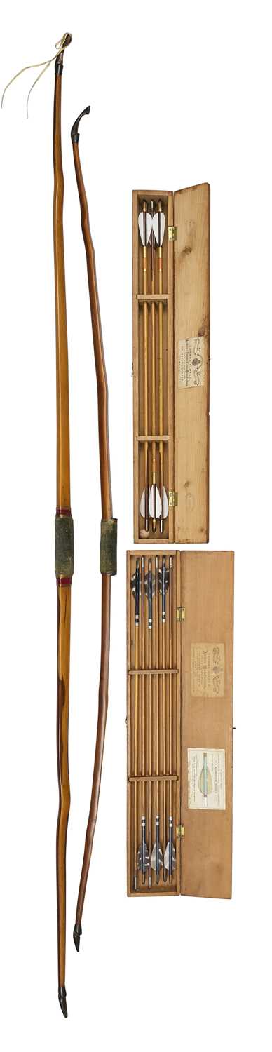 Lot 85 - TWO LONGBOWS BY I. ROCKE AND TWO BOXES OF ALDRED ARROWS, LATE 19TH/ EARLY 20TH CENTURY
