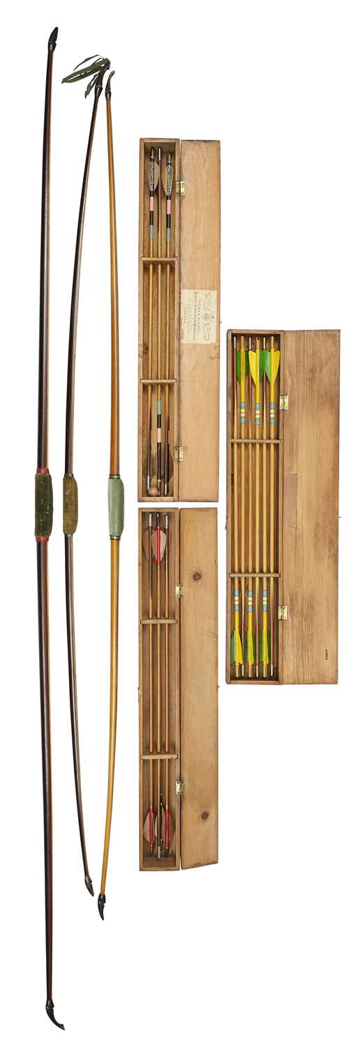Lot 95 - TWO BOWS BY HUGHES AND A BOW BY PETERSON WITH ARROW BOXES, LATE 19TH/EARLY 20TH CENTURY