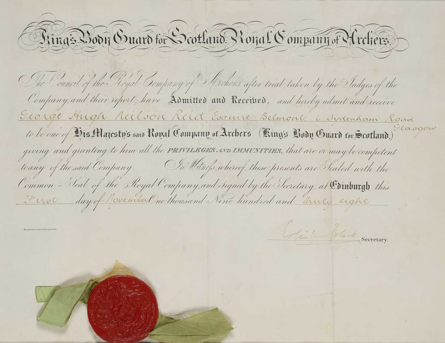 Lot 11 - A ROYAL COMPANY OF ARCHERS ADMISSION CERTIFICATE, GEORGE HUGH NEILSON REID, 1938