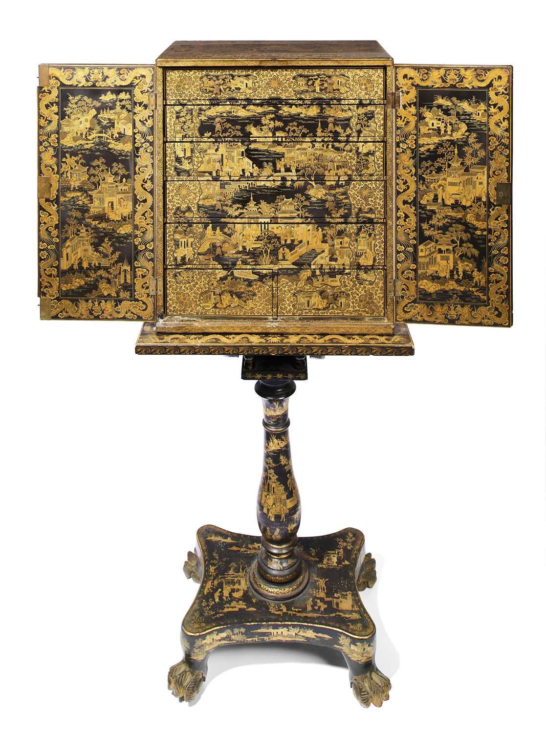 Lot 32 - A GOOD CHINESE EXPORT GILT DECORATED BLACK LACQUER COLLECTOR'S CABINET ON STAND, CIRCA 1815