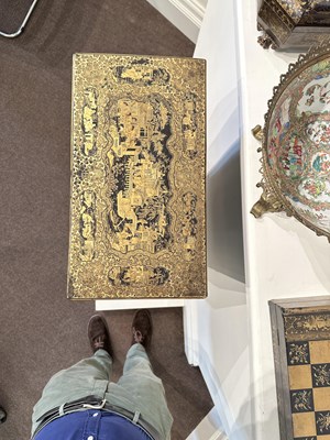 Lot 32 - A GOOD CHINESE EXPORT GILT DECORATED BLACK LACQUER COLLECTOR'S CABINET ON STAND, CIRCA 1815