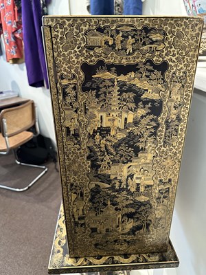 Lot 32 - A GOOD CHINESE EXPORT GILT DECORATED BLACK LACQUER COLLECTOR'S CABINET ON STAND, CIRCA 1815