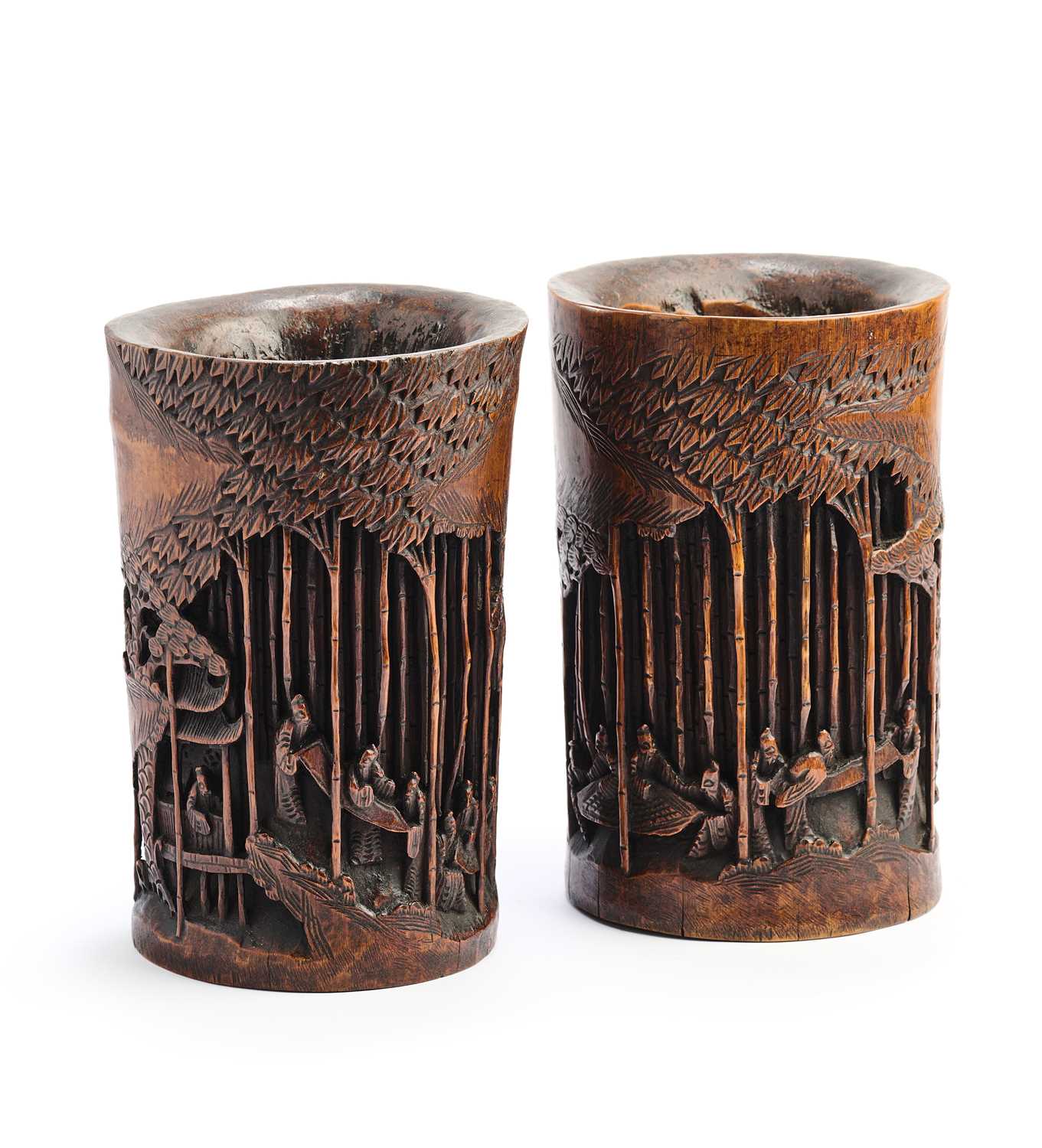 Lot 91 - A PAIR OF CHINESE CARVED BAMBOO BRUSHPOTS, QING DYNASTY (1644-1911)