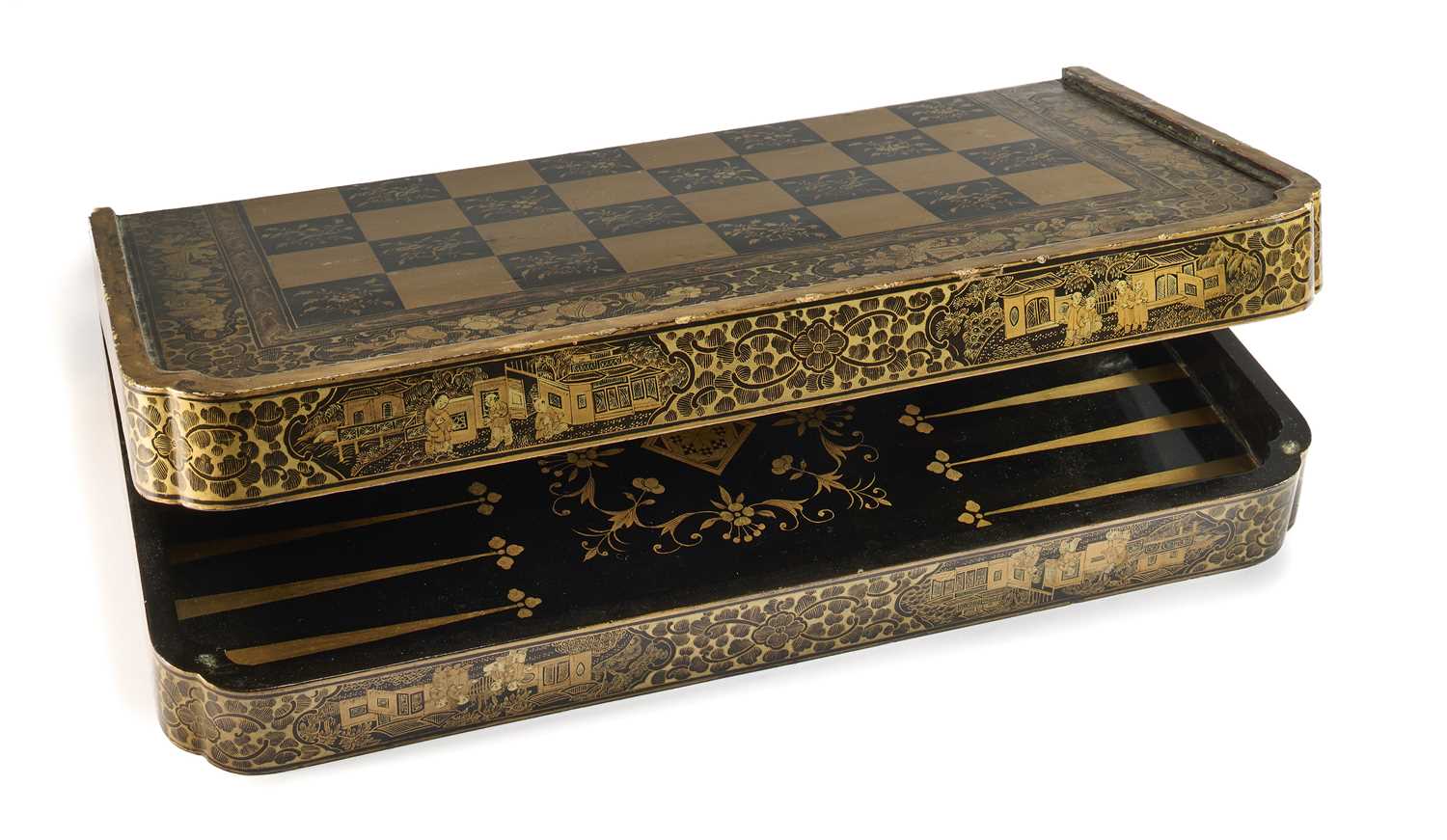Lot 35 - A CHINESE EXPORT LACQUER FOLDING GAMES BOARD, QING DYNASTY, MID 19TH CENTURY