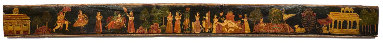 Lot 37 - AN ELABORATELY PAINTED WOOD PANEL, PROBABLY BIKANER, RAJASTHAN, INDIA, CIRCA 1750-70