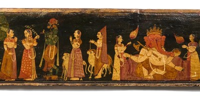 Lot 37 - AN ELABORATELY PAINTED WOOD PANEL, PROBABLY BIKANER, RAJASTHAN, INDIA, CIRCA 1750-70