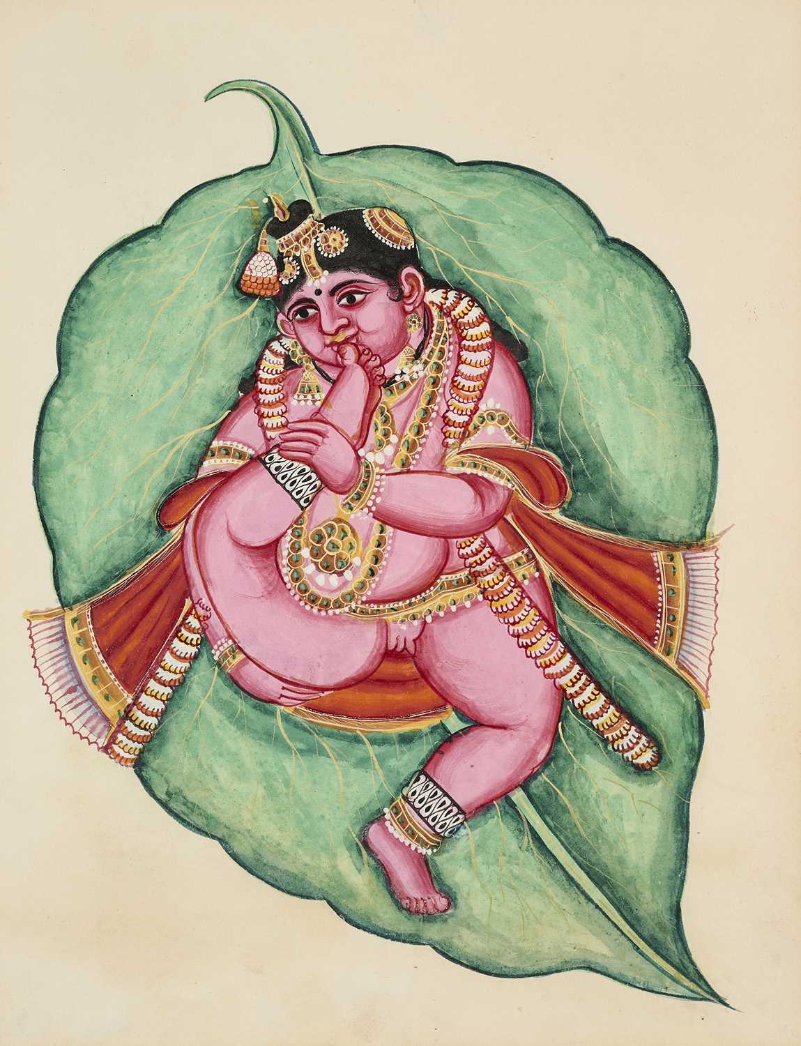 Lot 34 - A DEPICTION OF THE CHILD KRISHNA LYING ON A BANYAN LEAF, TAMIL NADU, CIRCA 1830