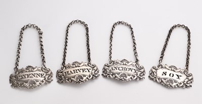 Lot 61 - A SET OF FOUR GEORGE IV SILVER CONDIMENT LABELS, JOHN REILLY, LONDON, 1824