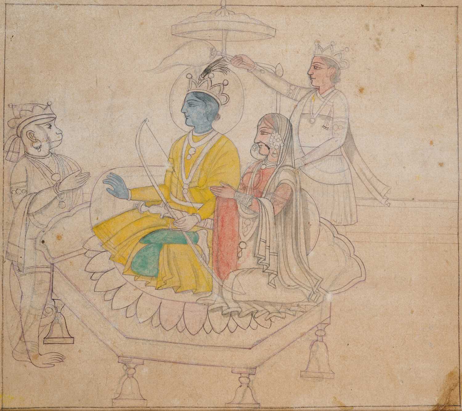 Lot 77 - A DRAWING OF KRISHNA, POSSIBLY GULER, PAHARI, NORTH INDIA, EARLY 19TH CENTURY