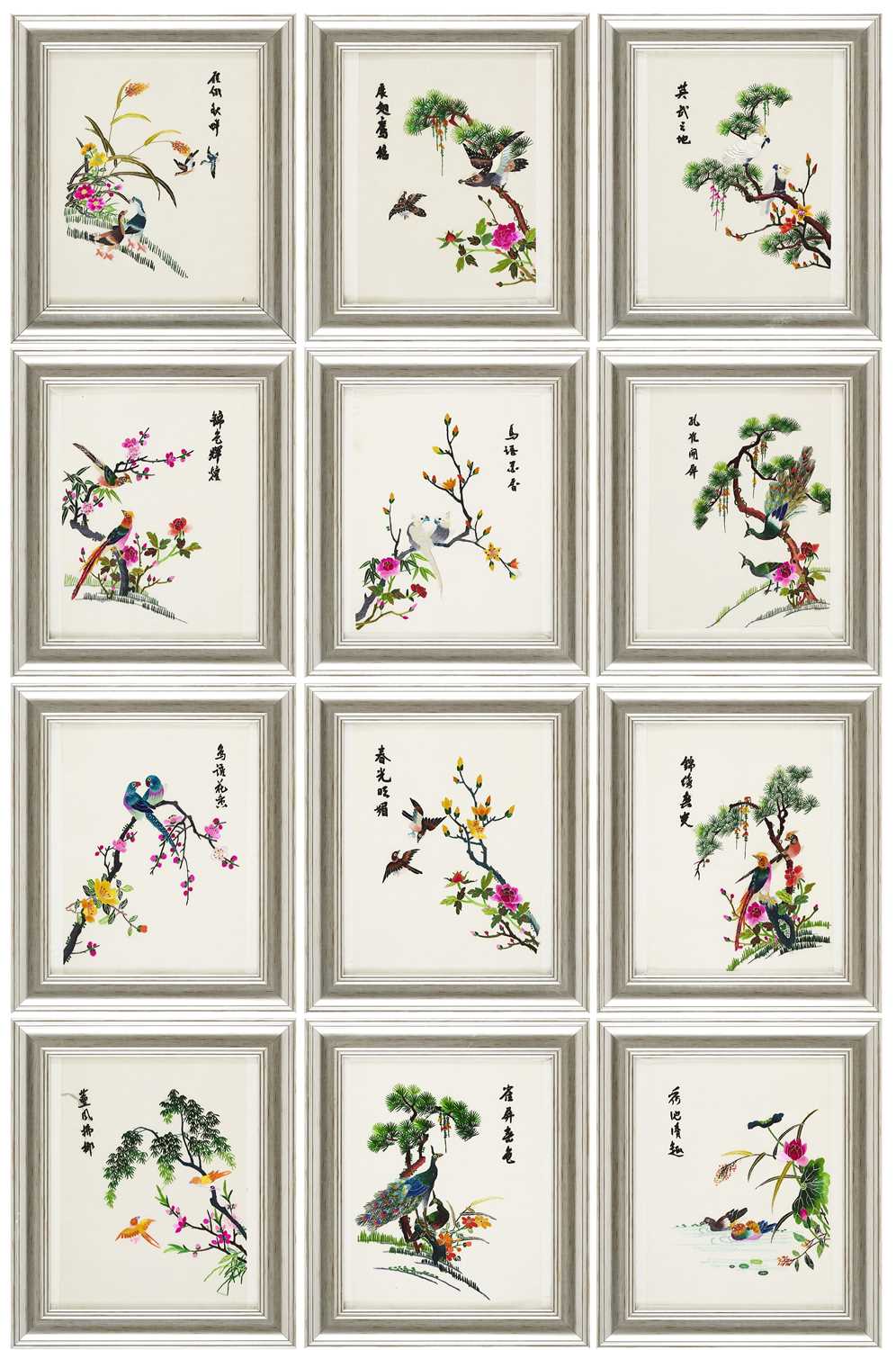 Lot 62 - A SET OF TWELVE CHINESE EMBROIDERED SILK PANELS DEPICTING BIRDS