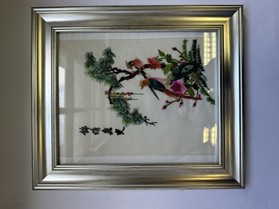 Lot 62 - A SET OF TWELVE CHINESE EMBROIDERED SILK PANELS DEPICTING BIRDS