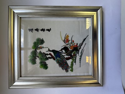 Lot 62 - A SET OF TWELVE CHINESE EMBROIDERED SILK PANELS DEPICTING BIRDS