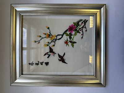 Lot 62 - A SET OF TWELVE CHINESE EMBROIDERED SILK PANELS DEPICTING BIRDS