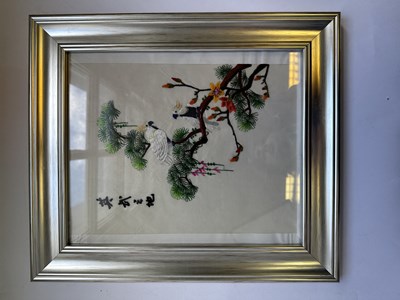 Lot 62 - A SET OF TWELVE CHINESE EMBROIDERED SILK PANELS DEPICTING BIRDS