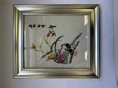 Lot 62 - A SET OF TWELVE CHINESE EMBROIDERED SILK PANELS DEPICTING BIRDS