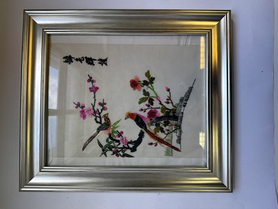 Lot 62 - A SET OF TWELVE CHINESE EMBROIDERED SILK PANELS DEPICTING BIRDS