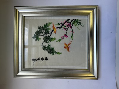 Lot 62 - A SET OF TWELVE CHINESE EMBROIDERED SILK PANELS DEPICTING BIRDS