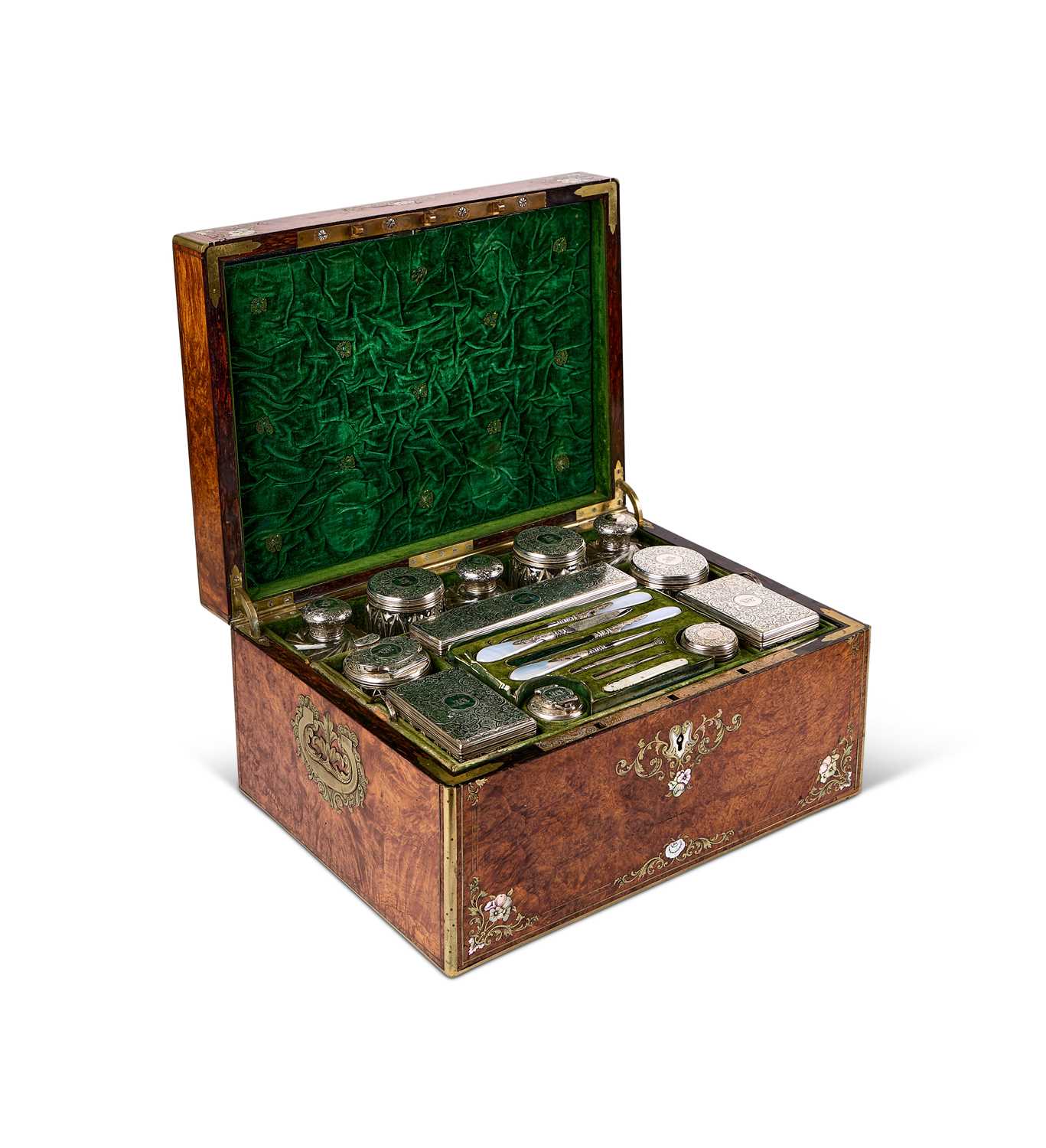 Lot 210 - A VICTORIAN AMBOYNA DRESSING CASE WITH ITS SILVER FITTINGS, J. TURRILL & CO., LONDON, CIRCA 1844