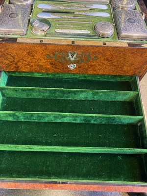 Lot 210 - A VICTORIAN AMBOYNA DRESSING CASE WITH ITS SILVER FITTINGS, J. TURRILL & CO., LONDON, CIRCA 1844