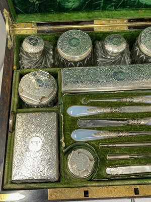 Lot 210 - A VICTORIAN AMBOYNA DRESSING CASE WITH ITS SILVER FITTINGS, J. TURRILL & CO., LONDON, CIRCA 1844