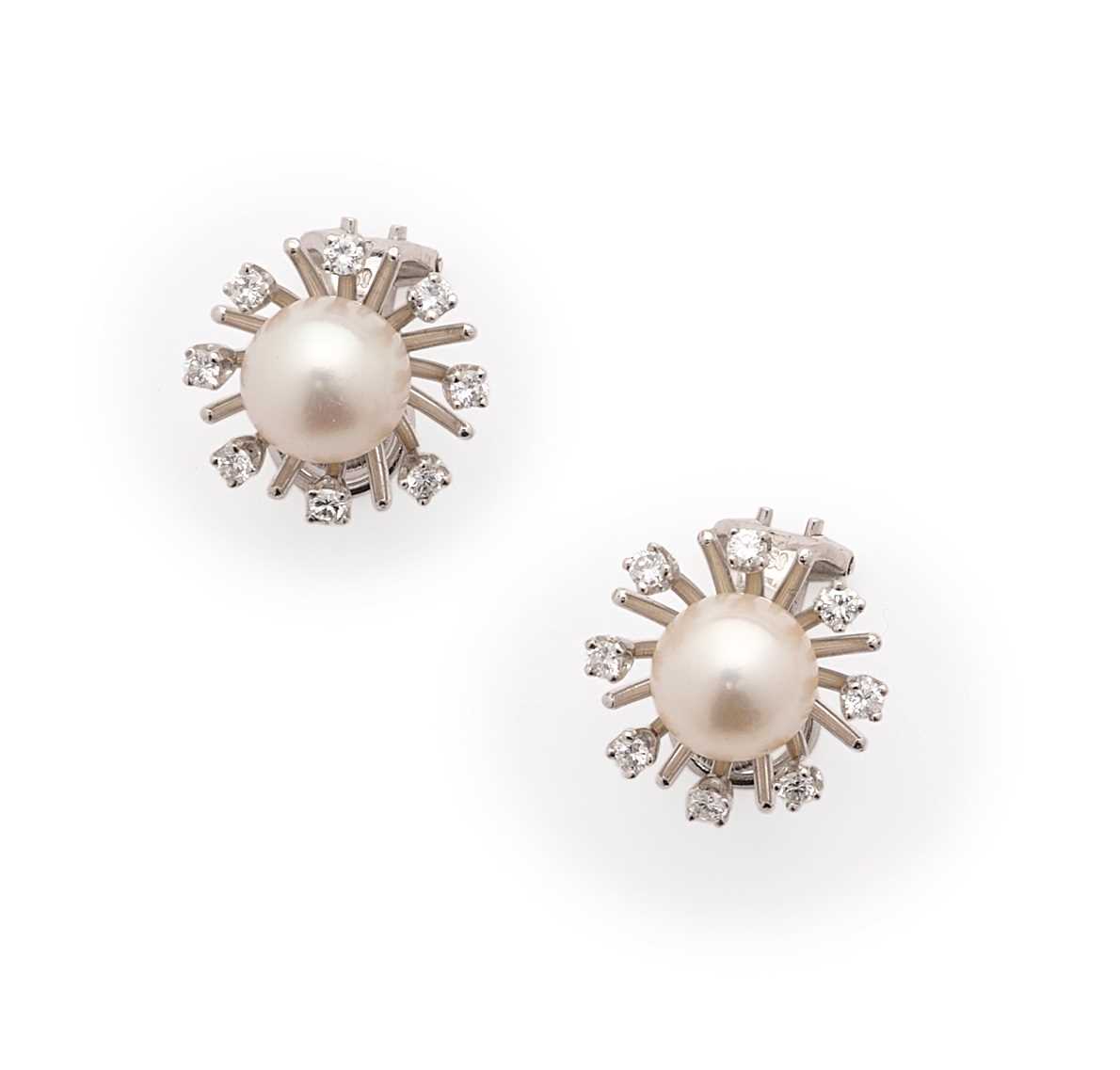 Lot 382 - PAIR CULTURED PEARL AND DIAMOND EAR CLIPS