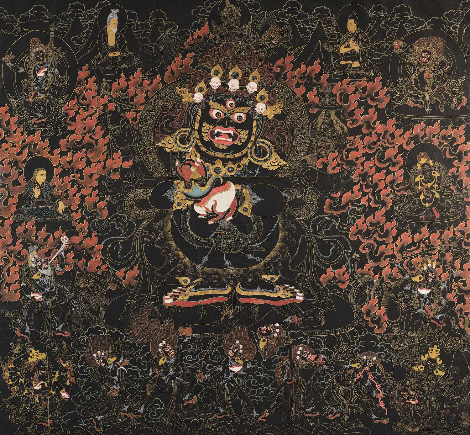 Lot 156 - A BLACK GROUND THANG-KA DEPICTING MAHAKALA, TIBET, 18TH/19TH CENTURY