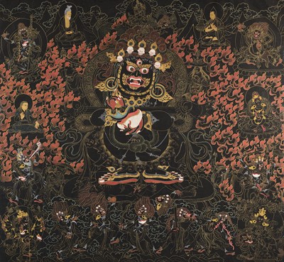 Lot 156 - A BLACK GROUND THANG-KA DEPICTING MAHAKALA, TIBET, 18TH/19TH CENTURY