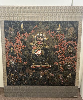 Lot 156 - A BLACK GROUND THANG-KA DEPICTING MAHAKALA, TIBET, 18TH/19TH CENTURY