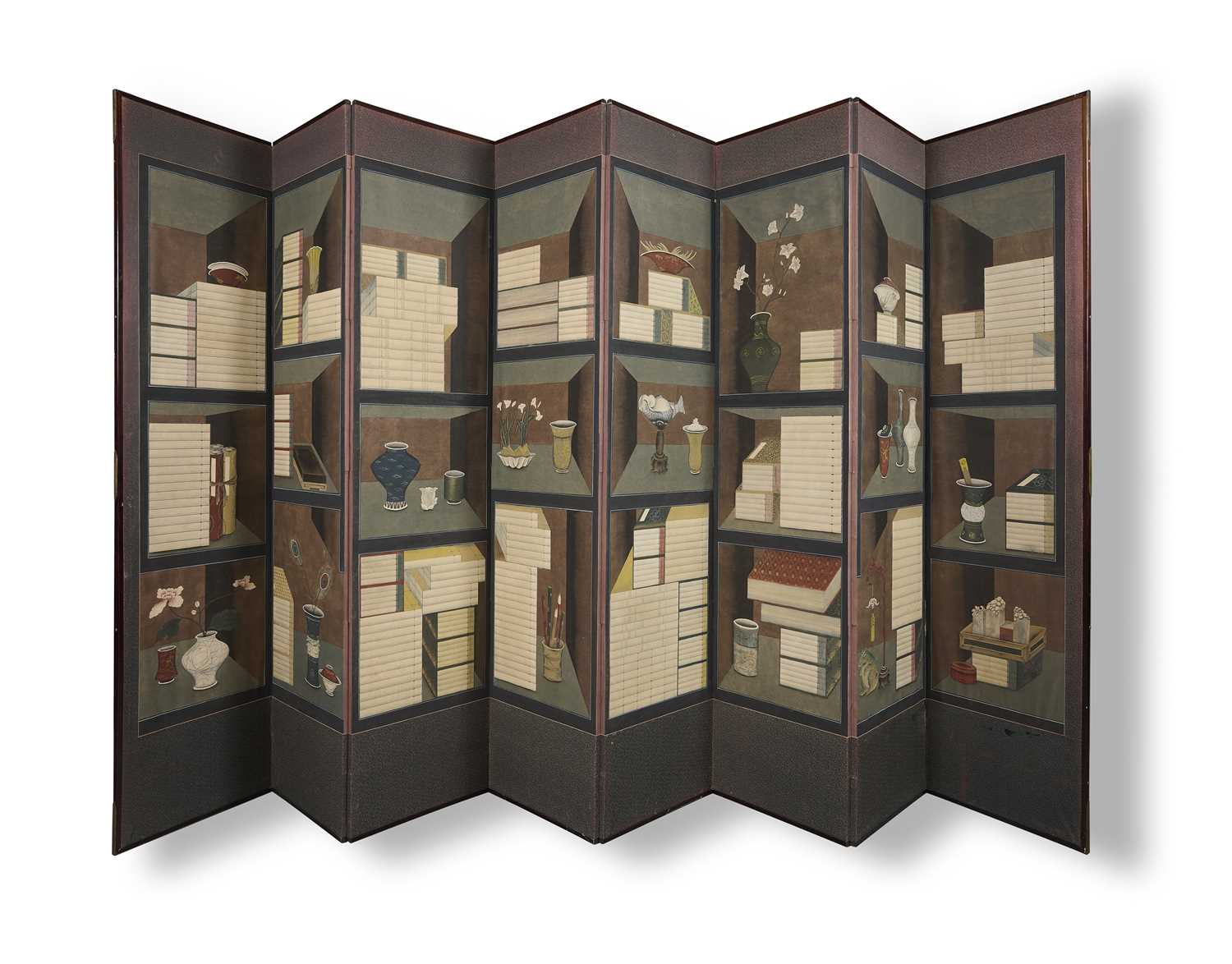 Lot 142 - A KOREAN CHAEKGEORI EIGHT-FOLD SCREEN WITH HIDDEN ARTIST SEAL, JOSEON DYNASTY, 19TH CENTURY