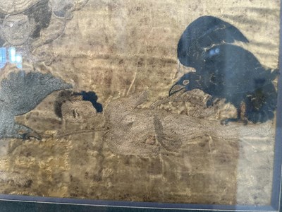 Lot 48 - A PAIR OF CHINESE EMBROIDERED SILK 'SKY BURIAL' TEXTILE PANELS, 18TH CENTURY